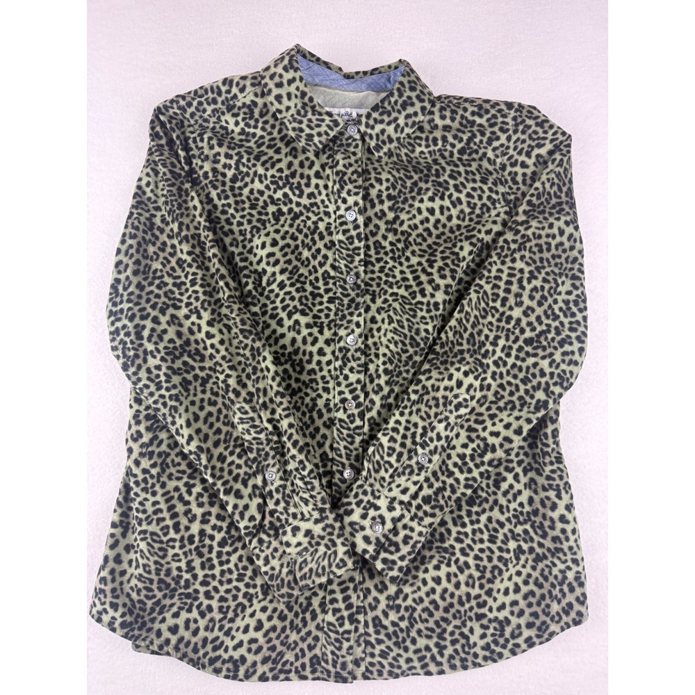 Tommy Bahama Womens Olive Green Leopard Print Corduroy Button Down Shirt Medium